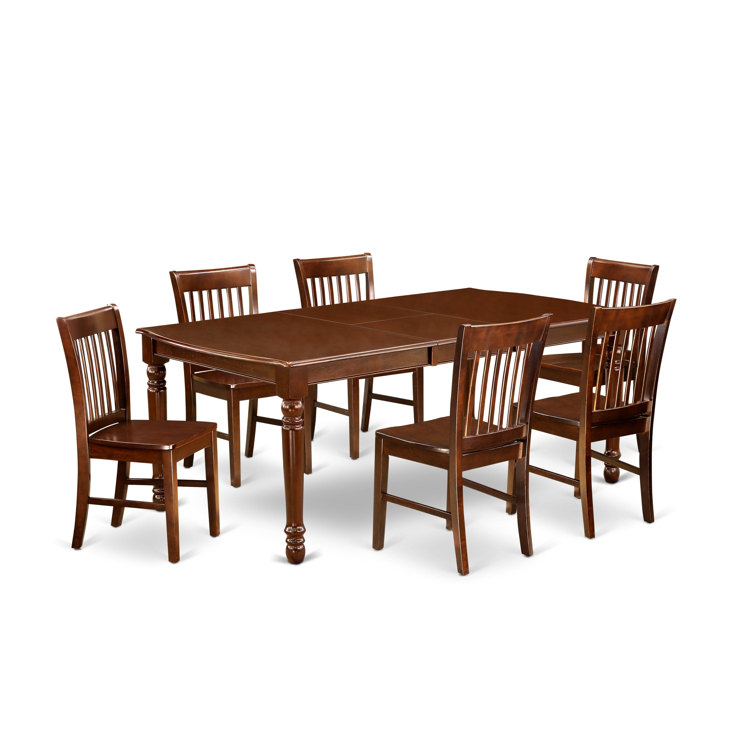 Juego de mesa de comedor East West Furniture DONO7-MAH-W de 7 piezas compuesto por una mesa rectangular de madera con diseño de hojas de mariposa y 6 sillas de comedor.