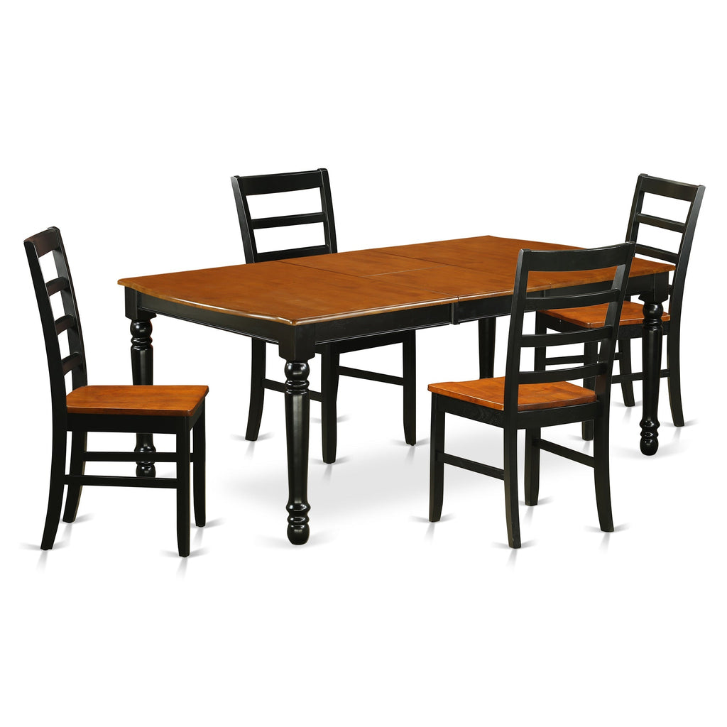 Juego de mesa y sillas de cocina de 5 piezas East West Furniture DOPF5-BCH-W. Incluye una mesa de comedor rectangular con diseño de hojas de mariposa y 4 sillas de comedor.