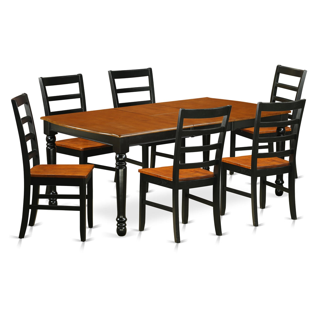 Juego de mesa y sillas de cocina de 7 piezas DOPF7-BCH-W de East West Furniture. Incluye una mesa de comedor rectangular con diseño de hojas de mariposa y 6 sillas de madera maciza.