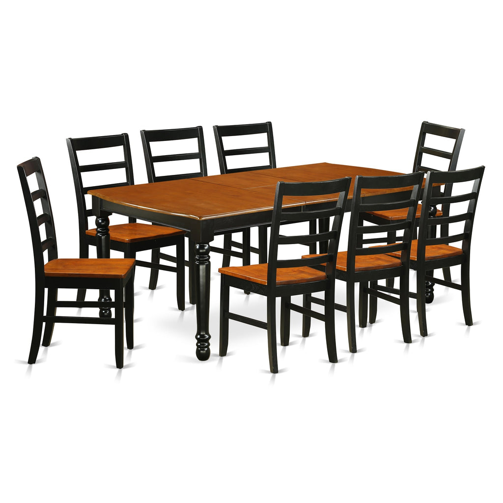 Juego de comedor de 9 piezas East West Furniture DOPF9-BCH-W. Incluye una mesa de cocina rectangular con diseño de hojas de mariposa y 8 sillas de comedor.