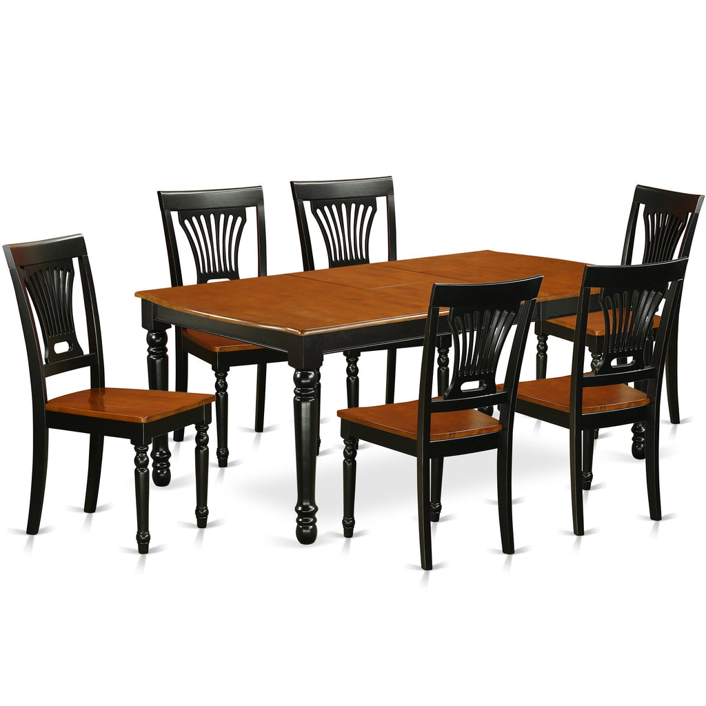 Juego de mesa de comedor East West Furniture DOPL7-BCH-W de 7 piezas compuesto por una mesa de comedor rectangular con hojas de mariposa y 6 sillas con asiento de madera.