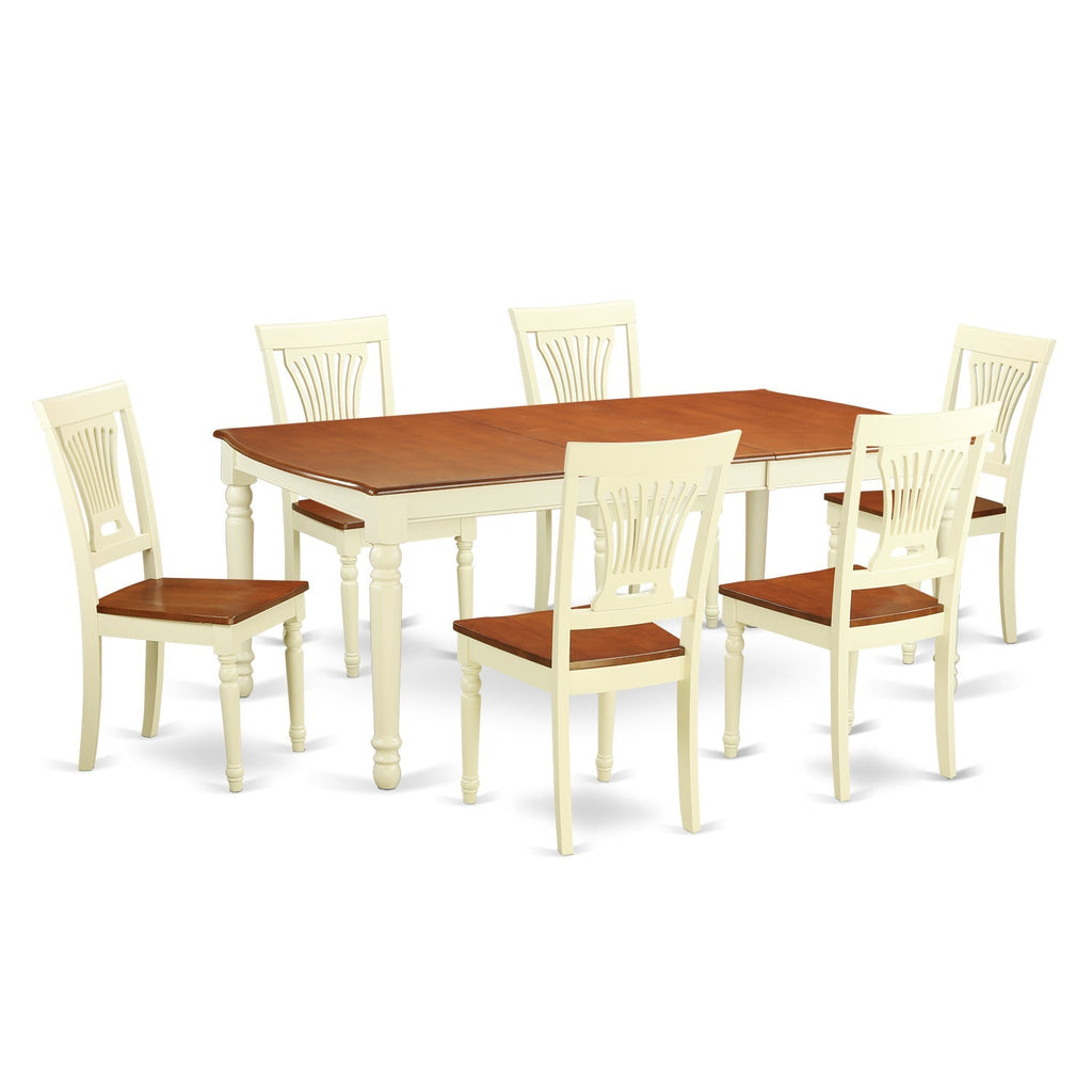 Juego de mesa de comedor de 7 piezas East West Furniture DOPL7-WHI-W compuesto por una mesa de comedor rectangular con hojas de mariposa y 6 sillas con asiento de madera.