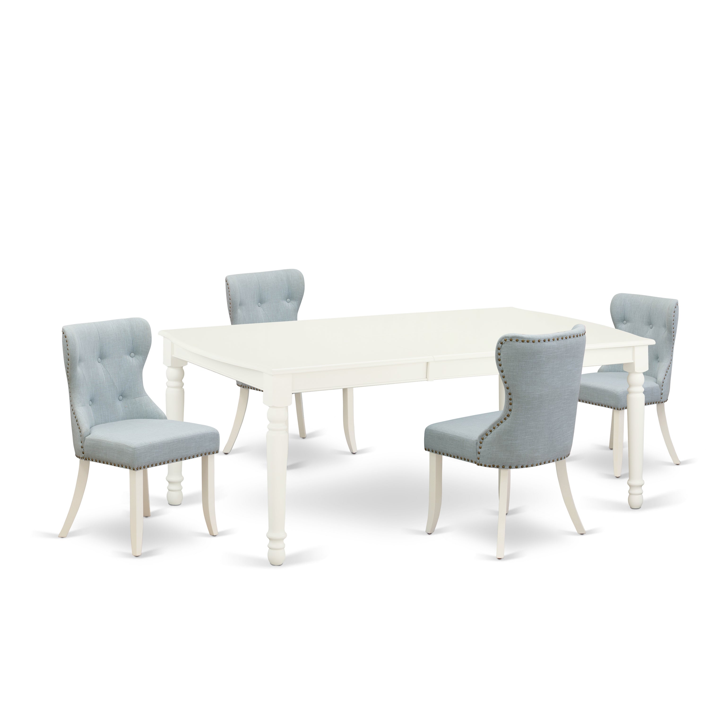 El juego de mesa de cocina de 5 piezas DOSI5-LWH-15 de East West Furniture incluye una mesa de comedor rectangular con diseño de hojas de mariposa y 4 sillas Parsons de tela de lino azul bebé.