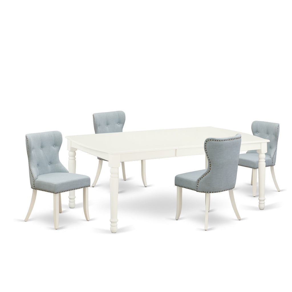 El juego de mesa de cocina de 5 piezas DOSI5-LWH-15 de East West Furniture incluye una mesa de comedor rectangular con diseño de hojas de mariposa y 4 sillas Parsons de tela de lino azul bebé.