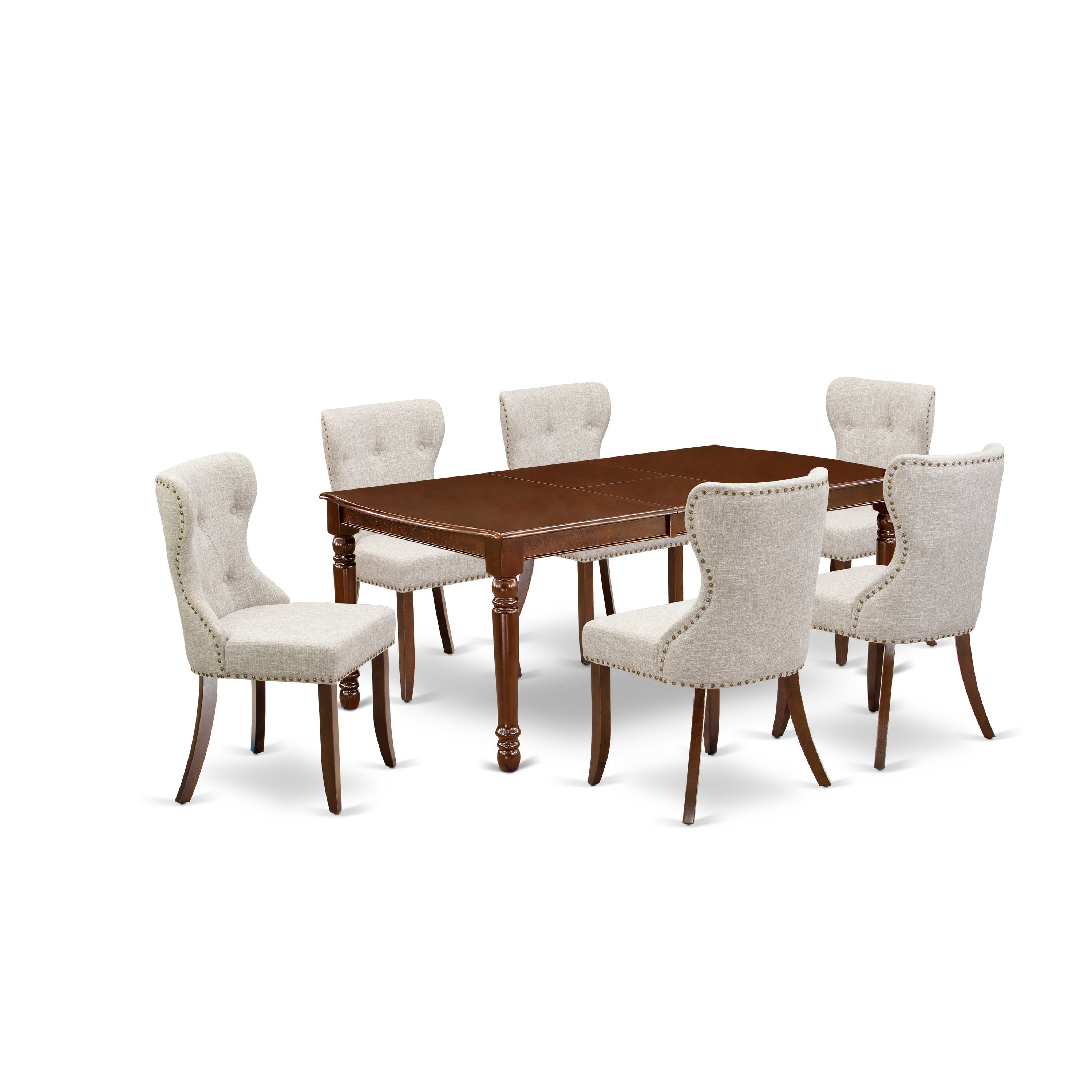 Juego de mesa de comedor East West Furniture DOSI7-MAH-35 de 7 piezas compuesto por una mesa rectangular con diseño de hojas de mariposa y 6 sillas tapizadas en tela de lino y piel de venado.