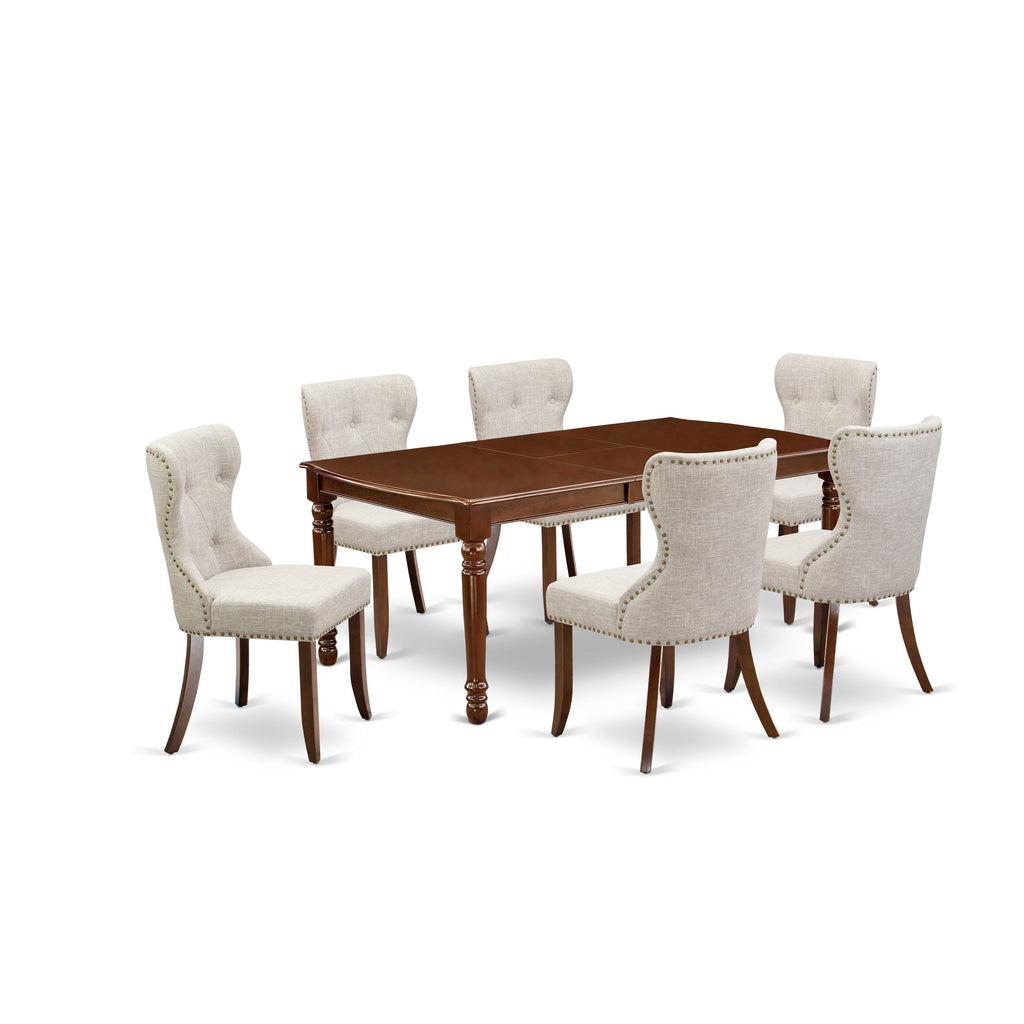 East West Furniture DOSI7-MAH-35 7 Piece Dining Table Set Consist of a Rectangle Dining Room Table with Butterfly Leaf and 6 Doeskin Linen Fabric Upholstered Chairs