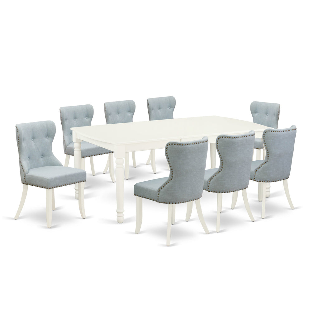 East West Furniture DOSI9-LWH-15 9 Piece Dining Table Set Includes a Rectangle Dining Room Table with Butterfly Leaf and 8 Baby Blue Linen Fabric Upholstered Chairs