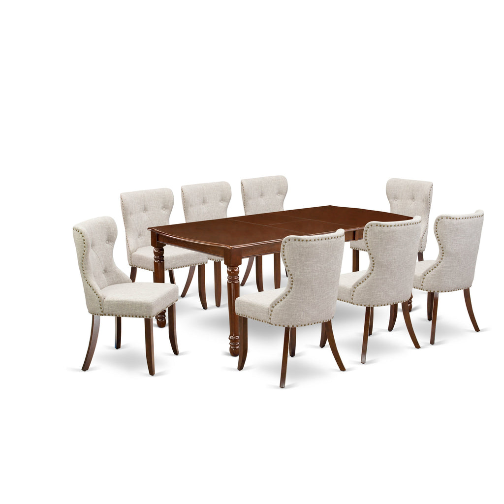 East West Furniture DOSI9-MAH-35 9 Piece Dining Table Set Includes a Rectangle Dining Room Table with Butterfly Leaf and 8 Doeskin Linen Fabric Parsons Chairs