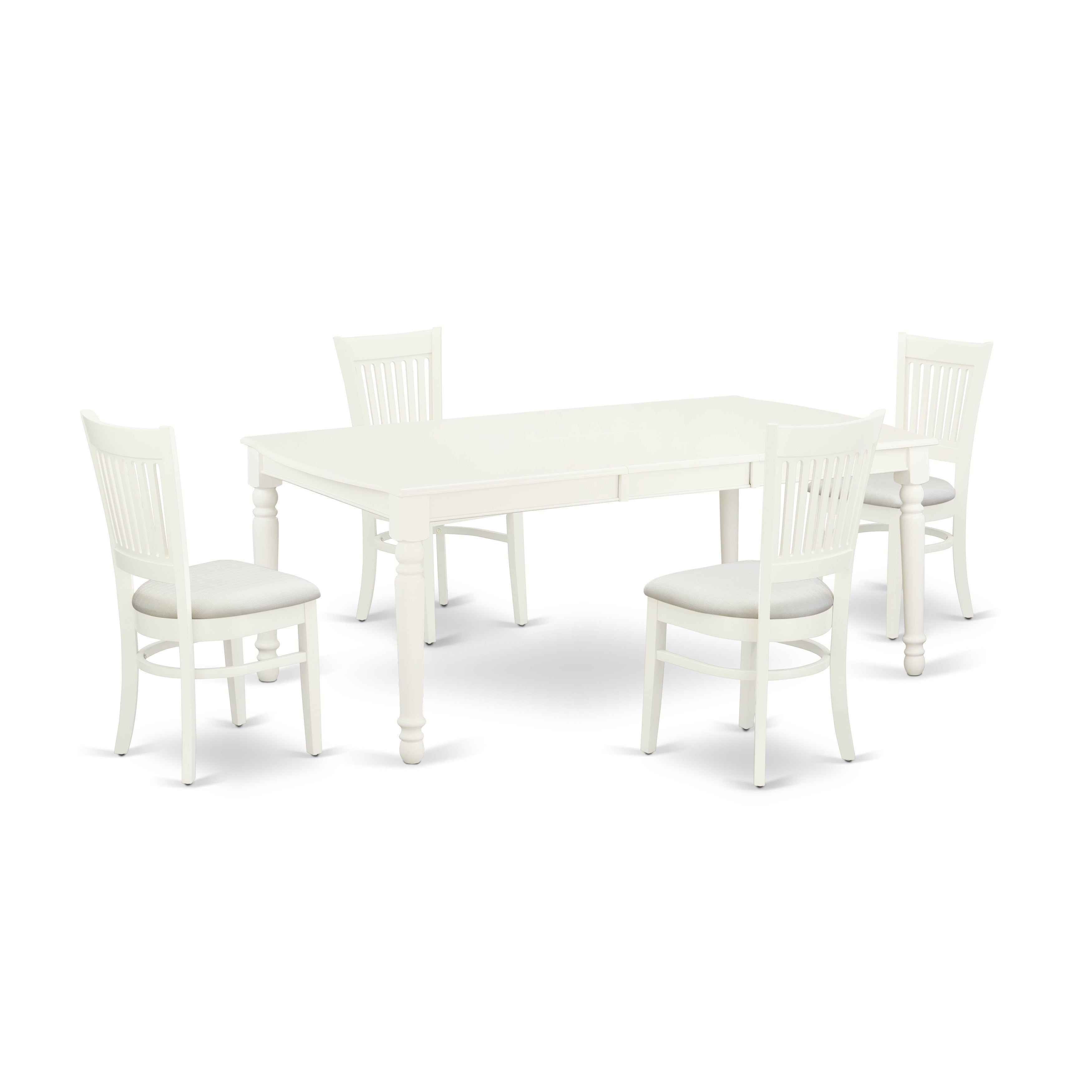 East West Furniture DOVA5-LWH-C 5-Pc Wood Dining table set-4 Kitchen Chair with Slatted Back and Linen fabric seat-A Butterfly Leaf Dining Table with Rectangular Top and 4 Legs- Linen White Finish