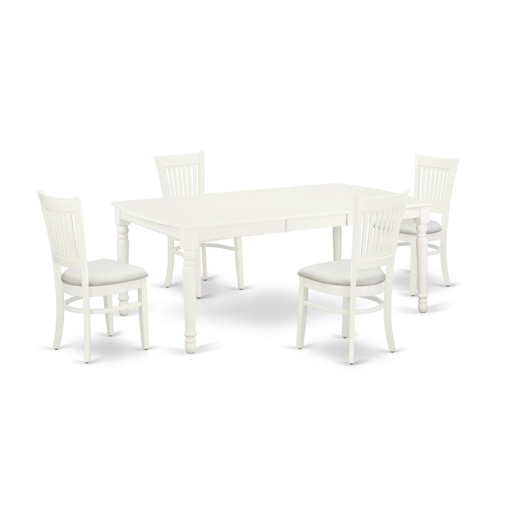 Juego de mesa de comedor moderna de 5 piezas East West Furniture DOVA5-LWH-C. Incluye una mesa rectangular de madera con diseño de hojas de mariposa y 4 sillas tapizadas en tela de lino.