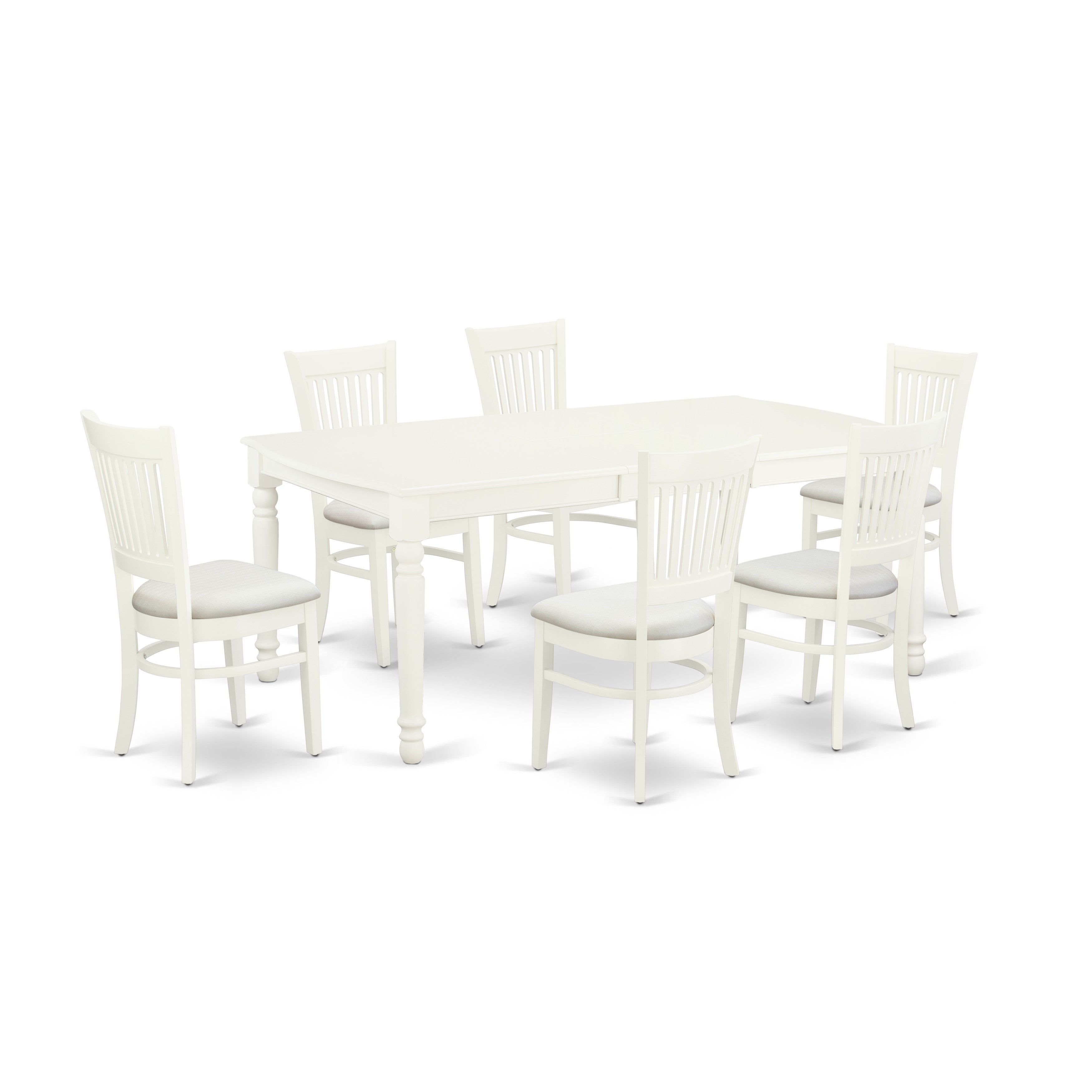 Juego de mesa de comedor de 7 piezas DOVA7-LWH-C de East West Furniture: mesa de cocina rectangular con diseño de hojas de mariposa y 6 sillas tapizadas en tela de lino.