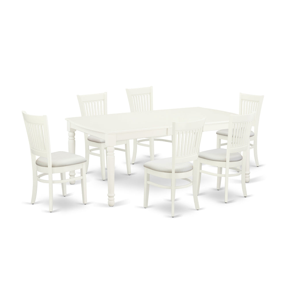 Juego de mesa de comedor de 7 piezas DOVA7-LWH-C de East West Furniture: mesa de cocina rectangular con diseño de hojas de mariposa y 6 sillas tapizadas en tela de lino.
