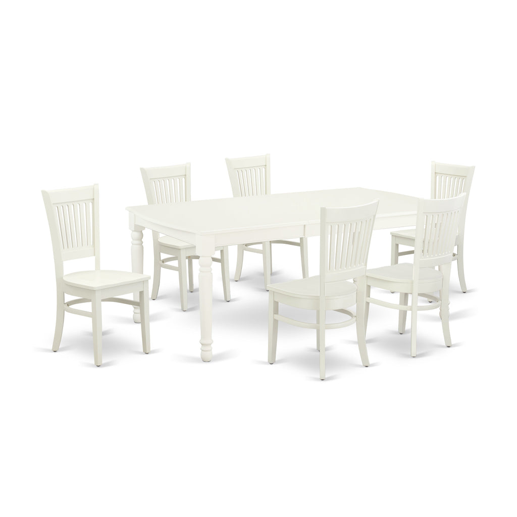 Juego de mesa de comedor de 7 piezas East West Furniture DOVA7-LWH-W compuesto por una mesa rectangular con hojas de mariposa y 6 sillas con asiento de madera.
