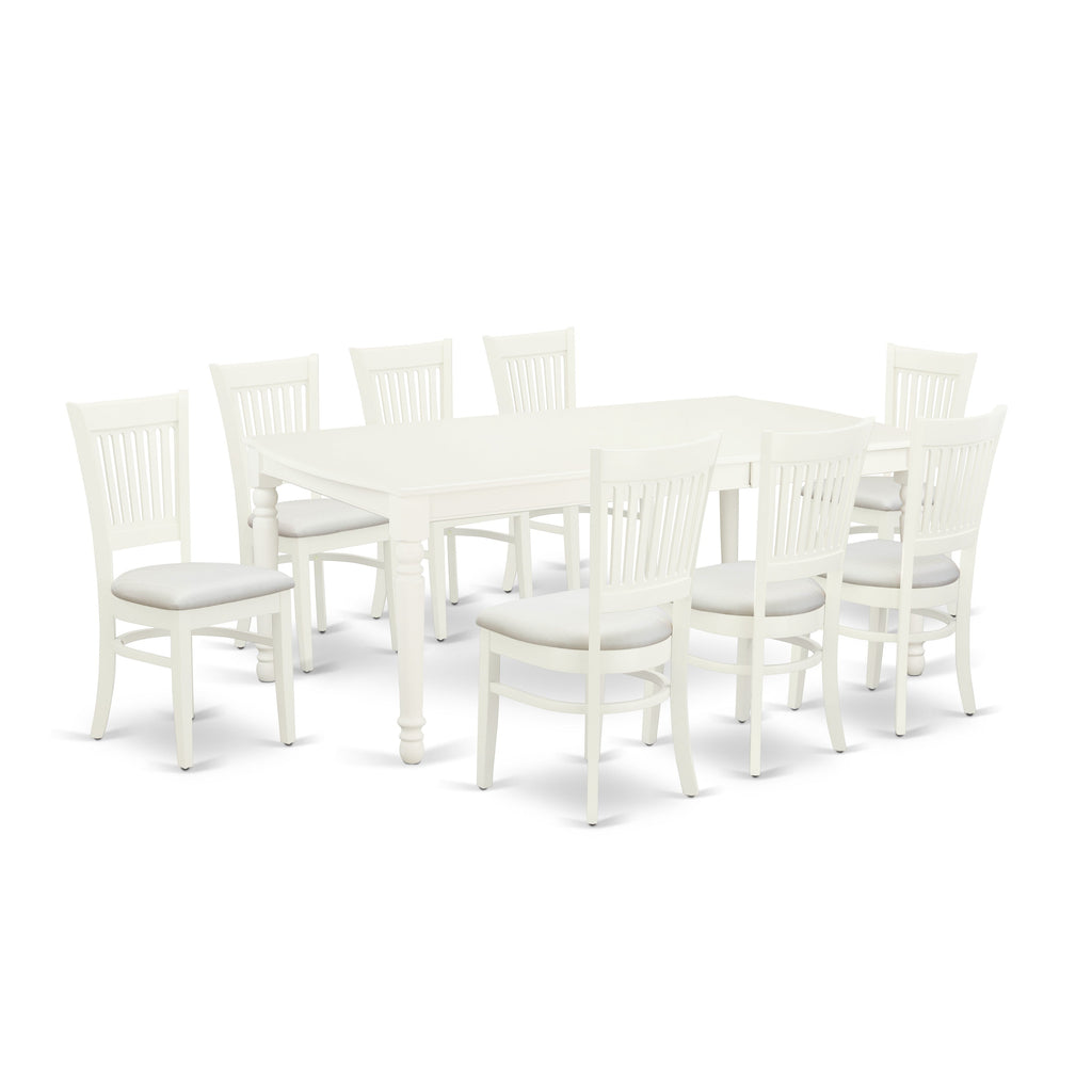Juego de mesa y sillas de cocina de 9 piezas DOVA9-LWH-C de East West Furniture. Incluye una mesa de comedor rectangular con diseño de hojas de mariposa y 8 sillas tapizadas en tela de lino.