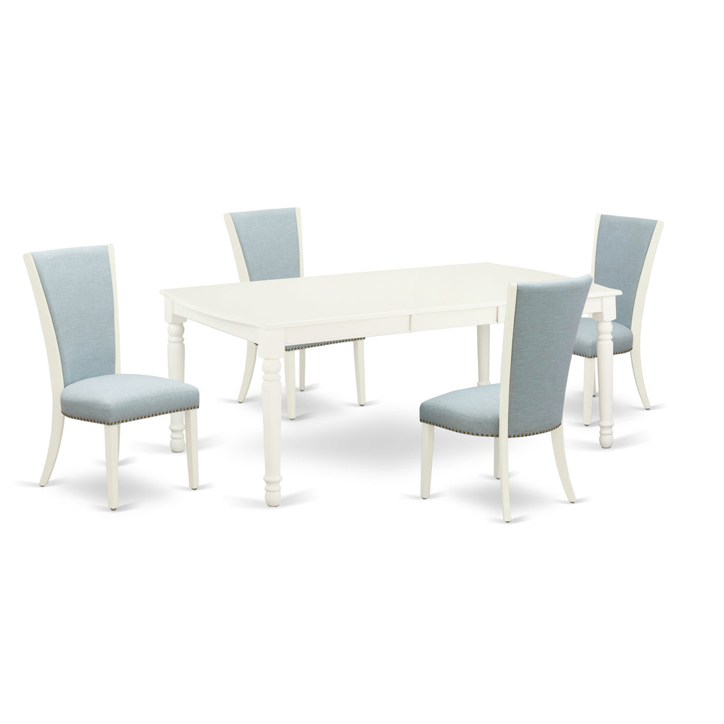 El juego de mesa de comedor de 5 piezas DOVE5-LWH-15 de East West Furniture incluye una mesa de cocina rectangular con diseño de hojas de mariposa y 4 sillas tapizadas en tela de lino azul bebé.