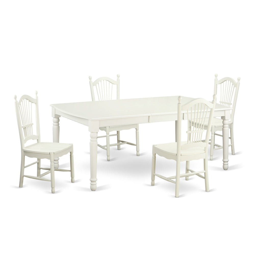 East West Furniture DOVE5-LWH-W 5 Piece Dining Set Includes a Rectangle Dining Room Table with Butterfly Leaf and 4 Wood Seat Chairs, 42x78 Inch, Linen White