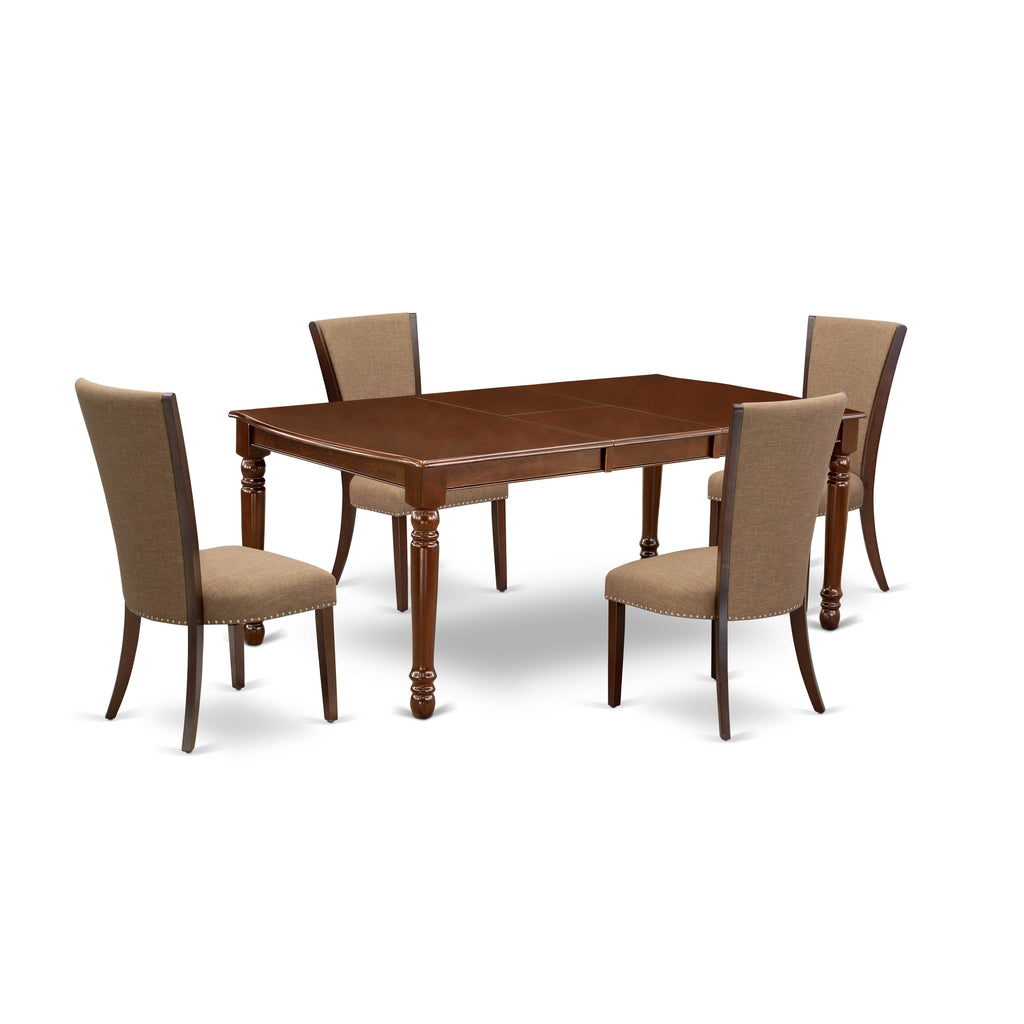 El juego de mesa de comedor de 5 piezas East West Furniture DOVE5-MAH-47 incluye una mesa rectangular de madera con hojas de mariposa y 4 sillas tapizadas en tela de lino color sable claro.