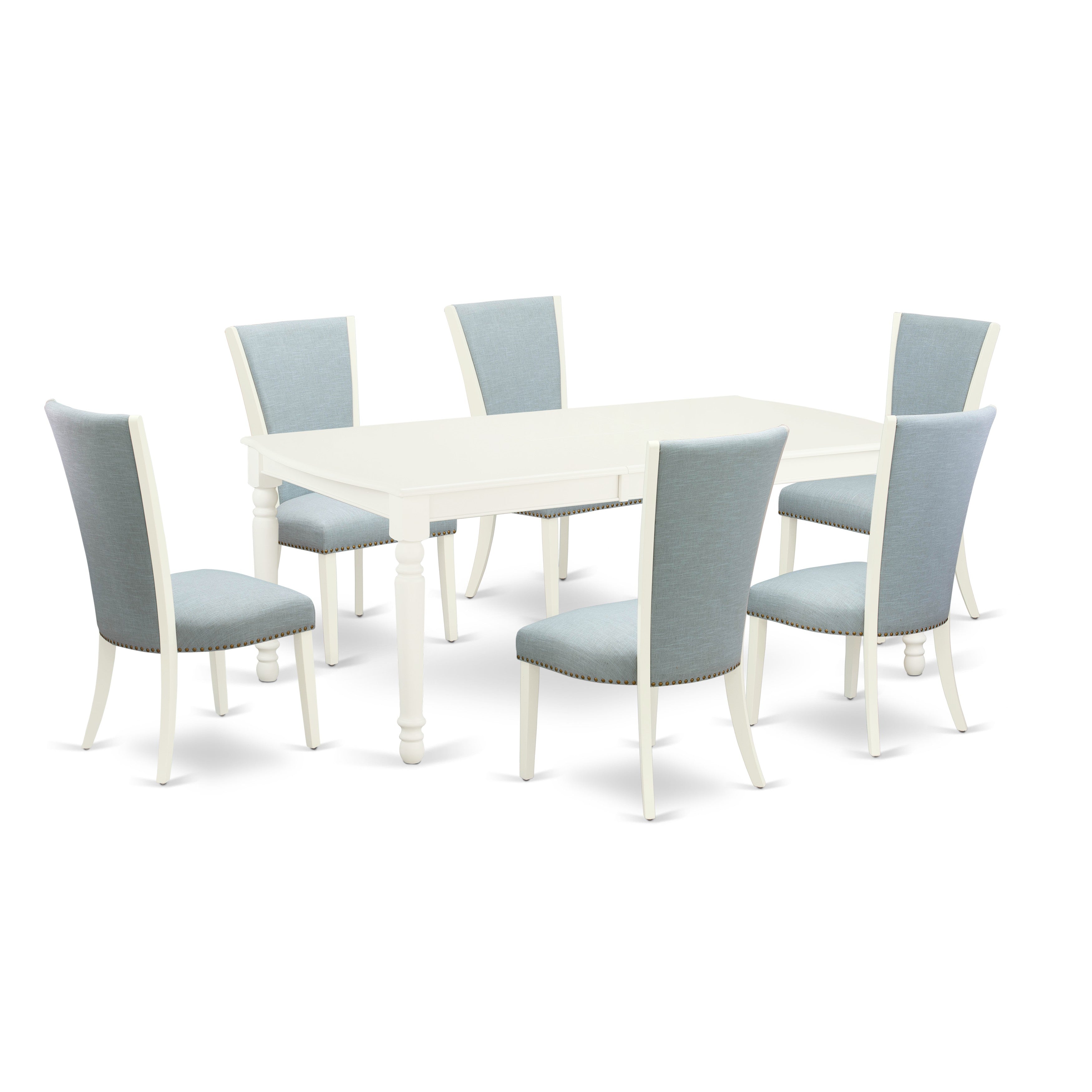 EAST WEST FURNITURE - DOVE7-LWH-15 - 7 Pc Kitchen Dining Set - 6 Baby Blue Linen Fabric Parson Dining Room Chairs with High Back and 1 Removable leaf Dining Room Table - linen white Finish
