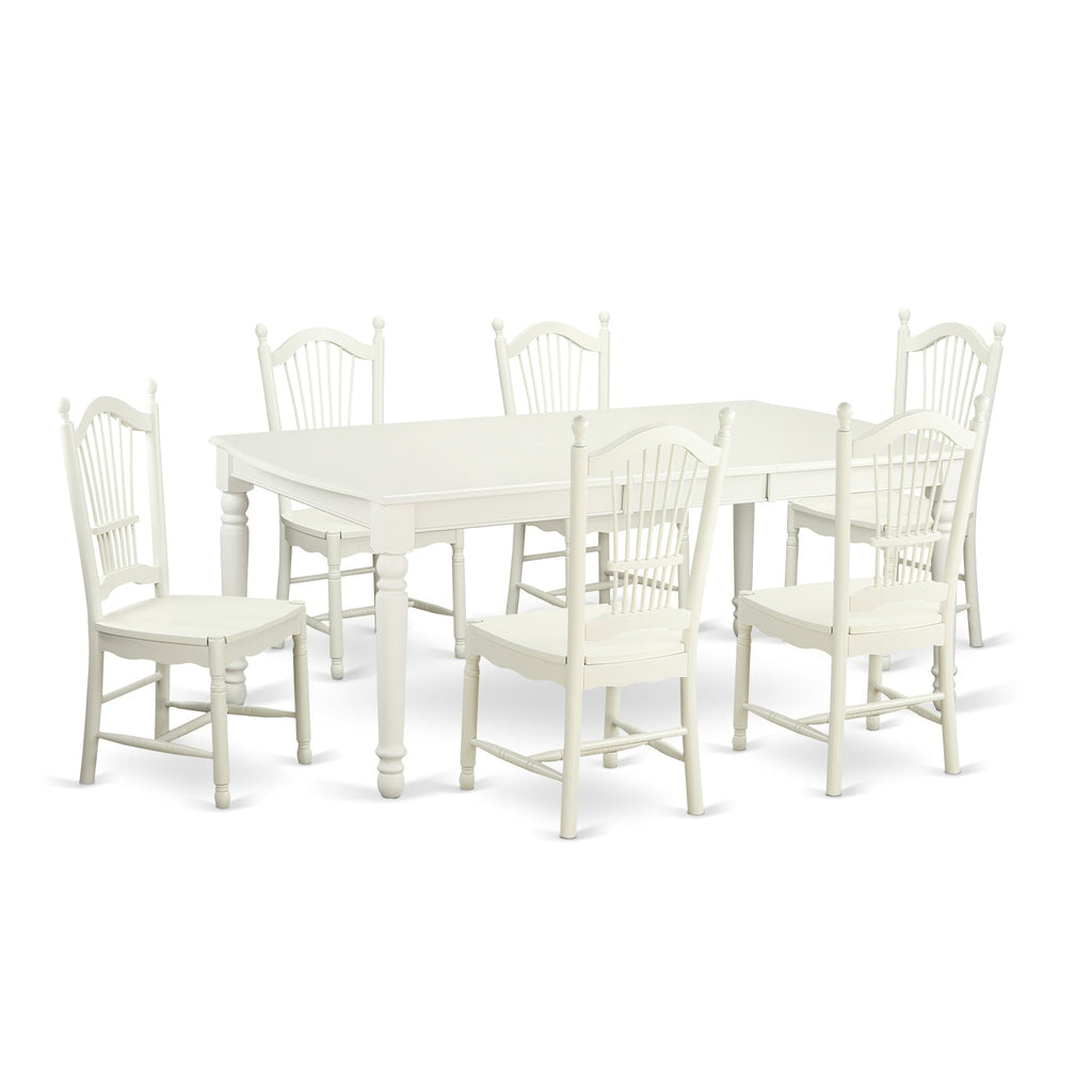 East West Furniture DOVE7-LWH-W 7 Piece Dining Table Set Consist of a Rectangle Dining Room Table with Butterfly Leaf and 6 Wooden Seat Chairs