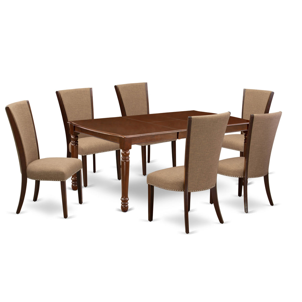 East West Furniture DOVE7-MAH-47 7 Piece Dining Table Set Consist of a Rectangle Butterfly Leaf Kitchen Table and 6 Light Sable Linen Fabric Parsons Chairs