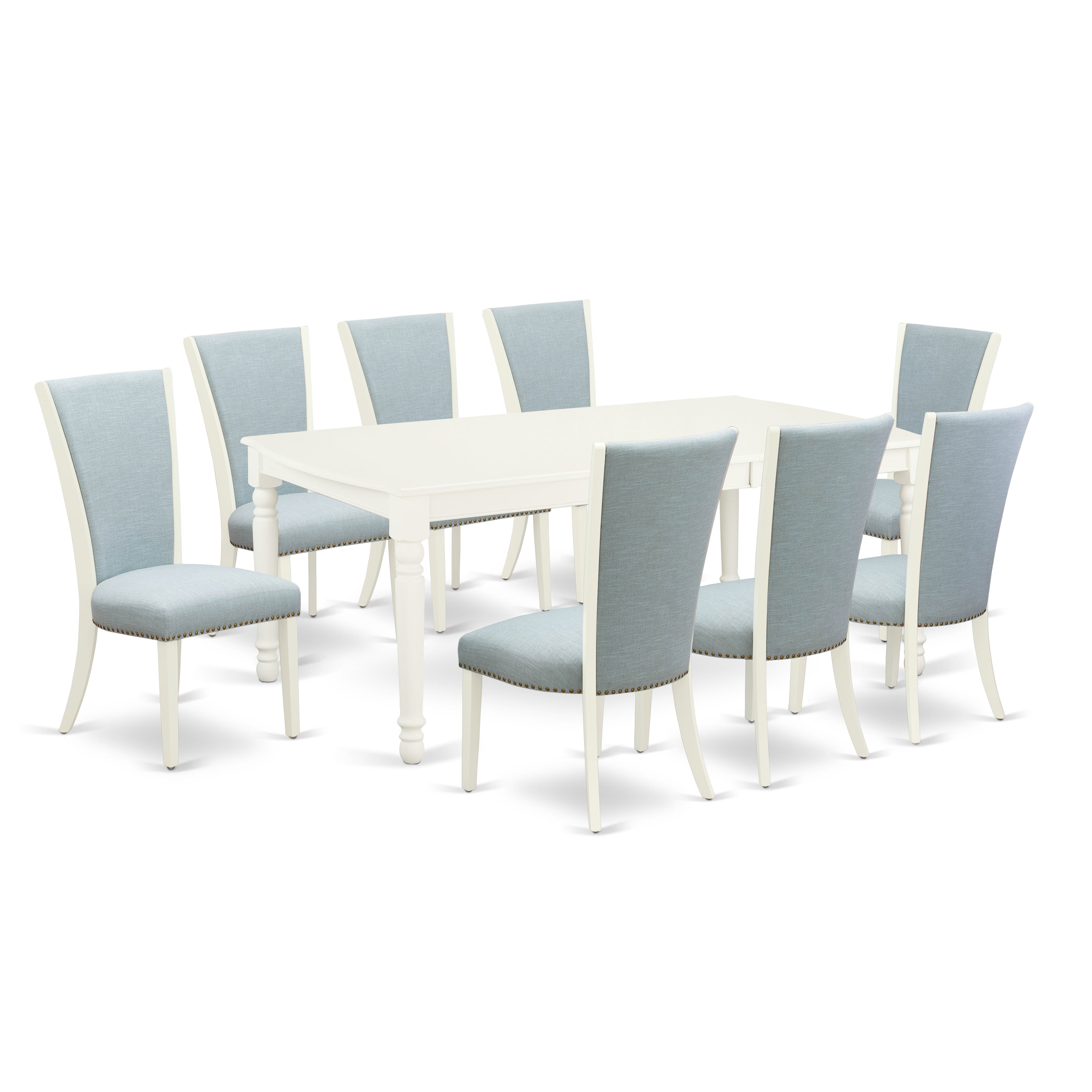 EAST WEST FURNITURE - DOVE9-LWH-15 - 9 Piece Modern Dining Table Set - 8 Baby Blue Linen Fabric Kitchen Chairs with High Back and 1 Removable leaf Dining Table - linen white Finish