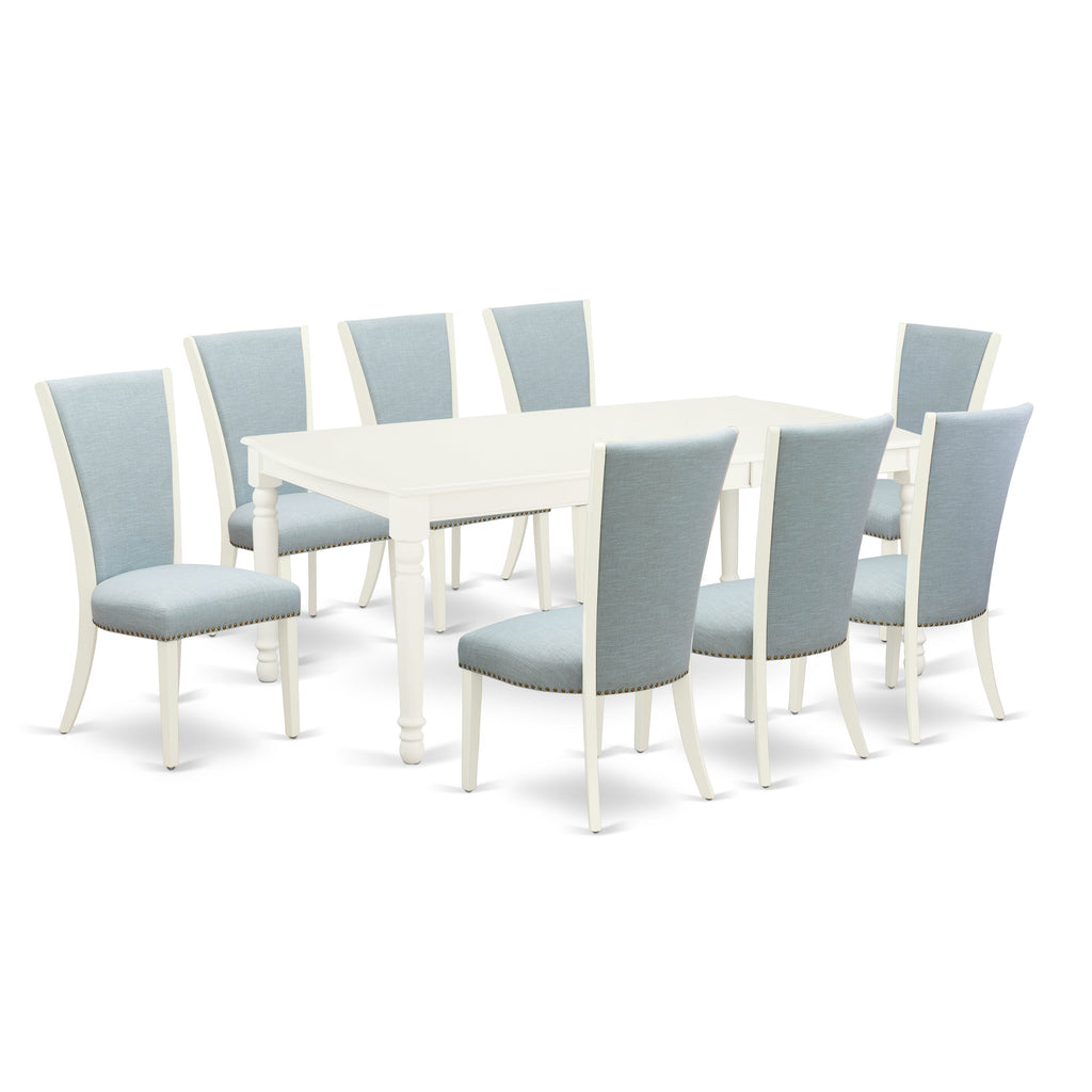 East West Furniture DOVE9-LWH-15 9 Piece Kitchen Table Set Includes a Rectangle Dining Table with Butterfly Leaf and 8 Baby Blue Linen Fabric Parson Dining Chairs