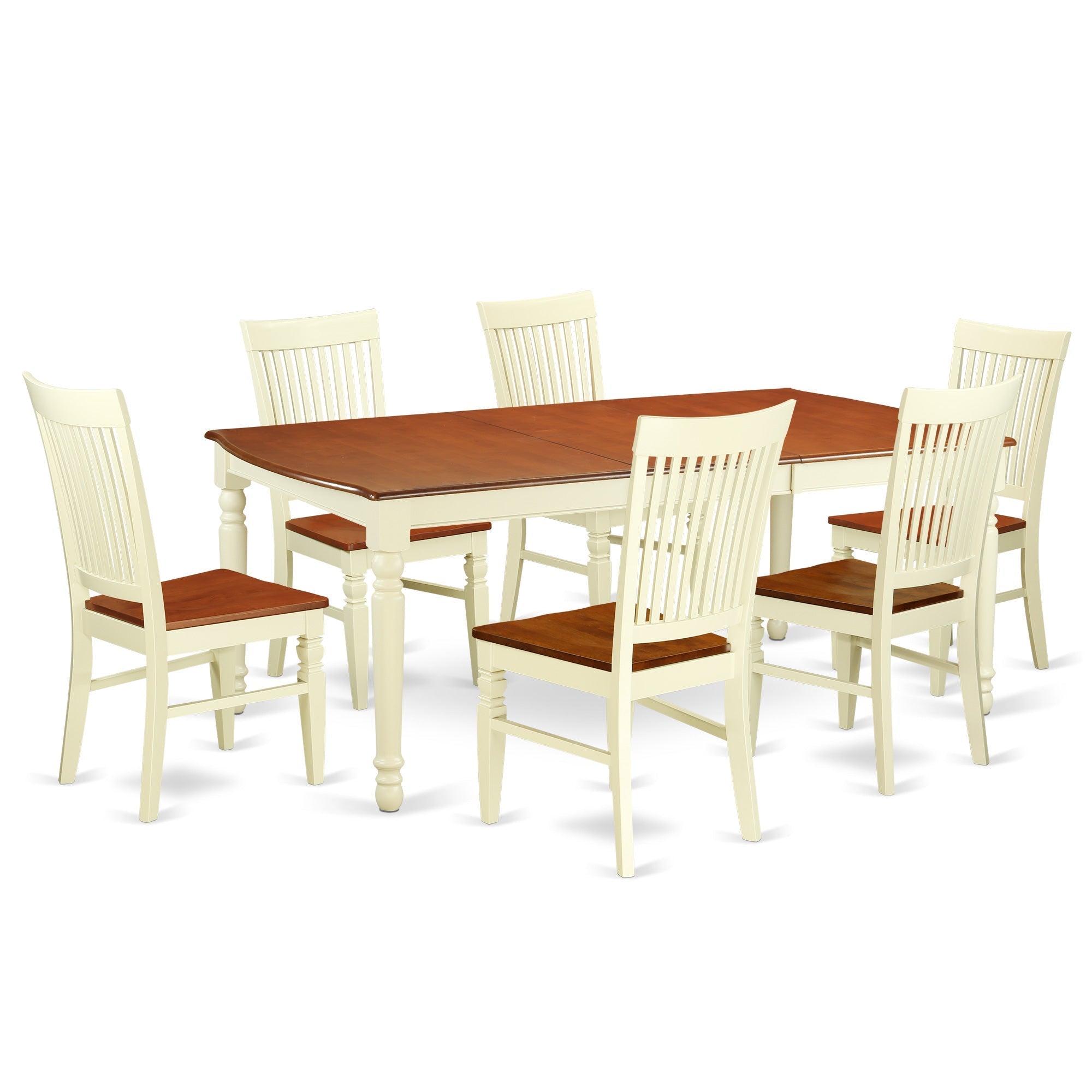 Juego de mesa de cocina de 7 piezas East West Furniture DOWE7-BMK-W compuesto por una mesa de comedor rectangular con hojas de mariposa y 6 sillas de comedor.