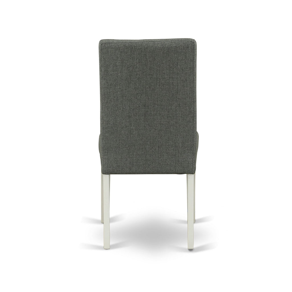 Juego de mesa de comedor de 3 piezas East West Furniture AMDR3-LWH-07 para espacios pequeños. Contiene una mesa de cocina redonda con pedestal y 2 sillas tapizadas en tela de lino gris.