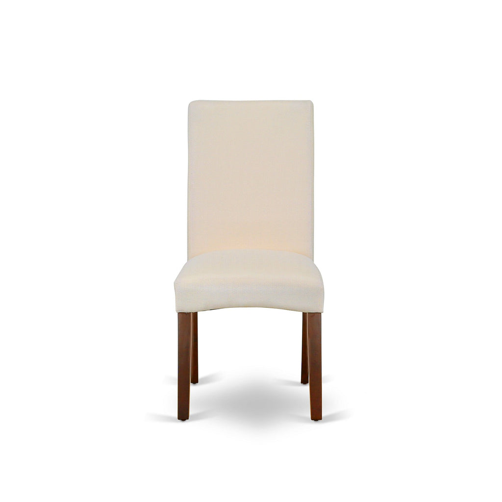 Juego de comedor de 3 piezas East West Furniture AMDR3-MAH-01 para espacios pequeños. Contiene una mesa de cocina redonda con pedestal y 2 sillas de comedor Parson de tela de lino color crema.