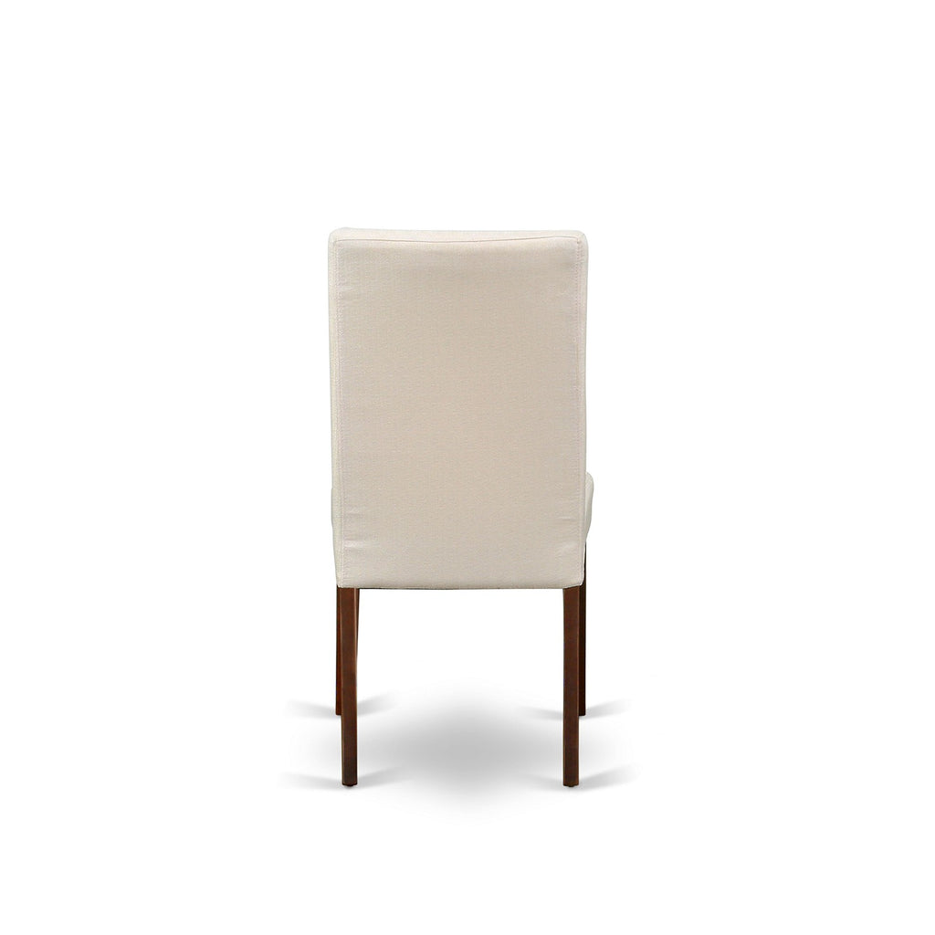 Juego de comedor de 3 piezas East West Furniture AMDR3-MAH-01 para espacios pequeños. Contiene una mesa de cocina redonda con pedestal y 2 sillas de comedor Parson de tela de lino color crema.