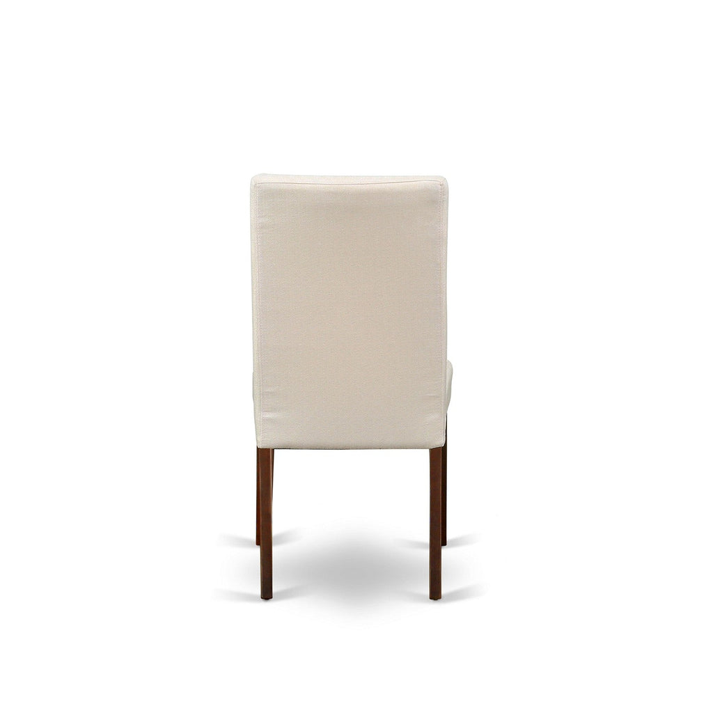 Juego de mesa de comedor de 5 piezas East West Furniture DUDR5-MAH-01. Incluye una mesa rectangular de madera y 4 sillas Parson tapizadas en tela de lino color crema.