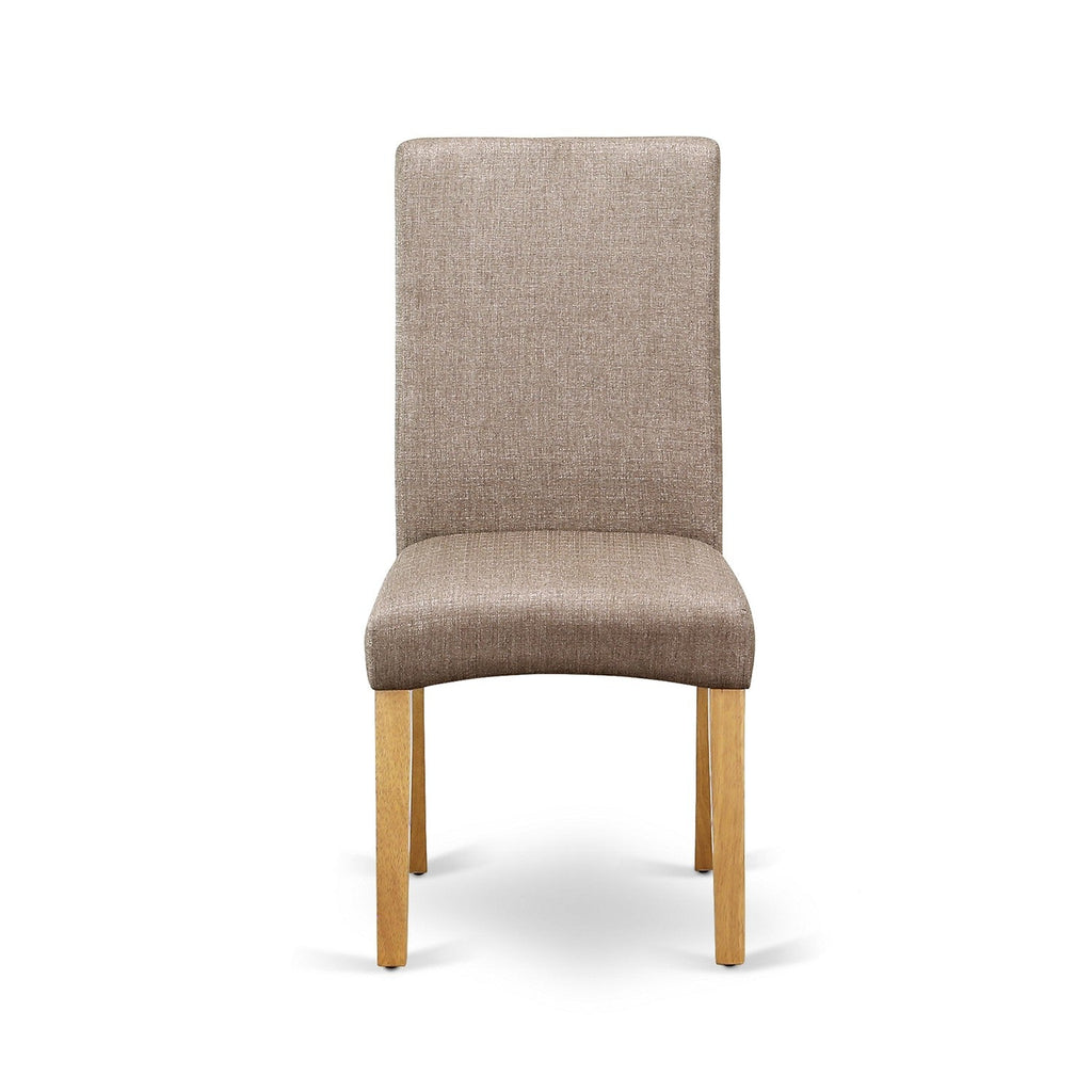 Juego de mesa de comedor de 7 piezas East West Furniture AVDR7-OAK-16 compuesto por una mesa de comedor ovalada con hojas de mariposa y 6 sillas tapizadas en tela de lino color caqui oscuro.