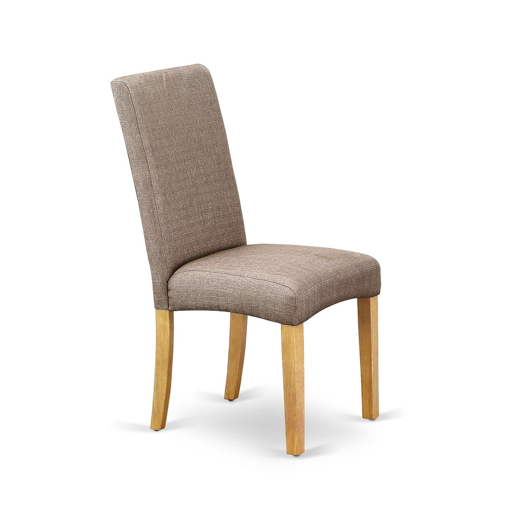 El juego de mesa de comedor de 5 piezas East West Furniture AVDR5-OAK-16 incluye una mesa de cocina ovalada con hojas de mariposa y 4 sillas de comedor Parson de tela de lino color caqui oscuro.