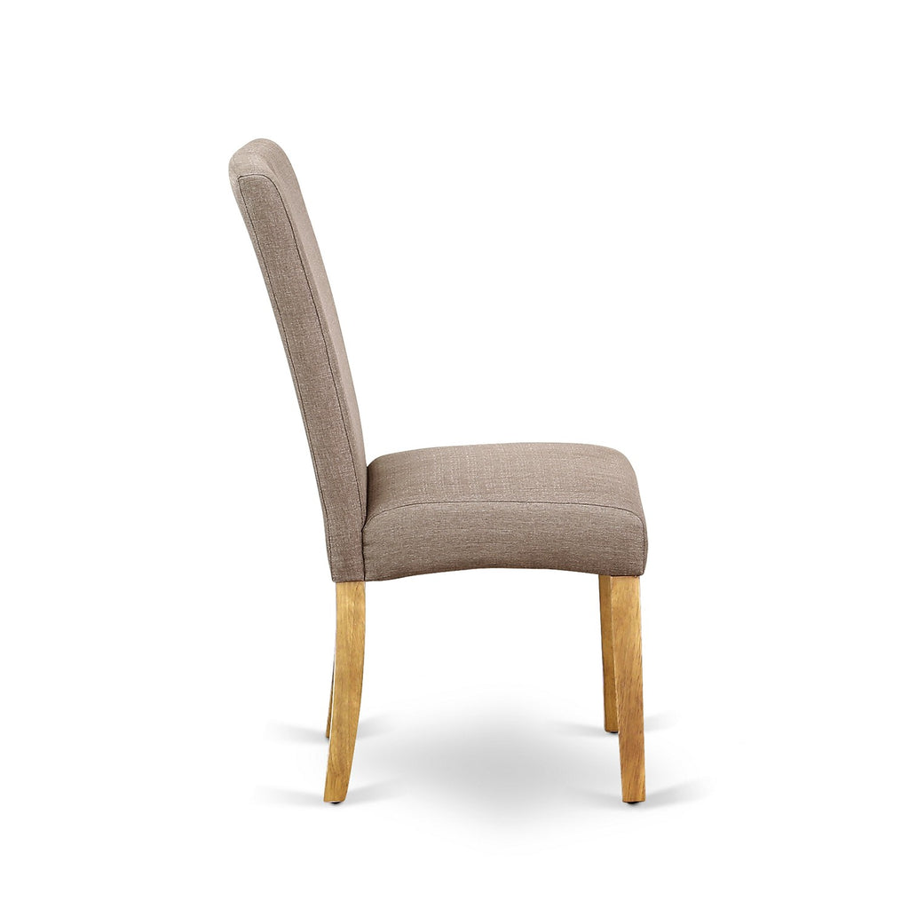 Juego de mesa de comedor de 3 piezas East West Furniture AMDR3-OAK-16. Incluye una mesa de cocina redonda con pedestal y 2 sillas de comedor Parsons de tela de lino color caqui oscuro.