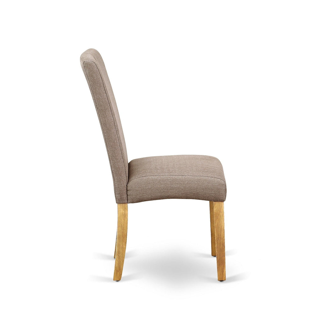El juego de mesa de comedor de 5 piezas East West Furniture AVDR5-OAK-16 incluye una mesa de cocina ovalada con hojas de mariposa y 4 sillas de comedor Parson de tela de lino color caqui oscuro.