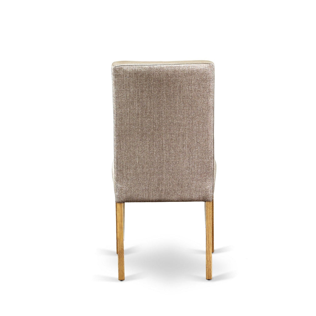 El juego de mesa de comedor de 5 piezas East West Furniture AVDR5-OAK-16 incluye una mesa de cocina ovalada con hojas de mariposa y 4 sillas de comedor Parson de tela de lino color caqui oscuro.
