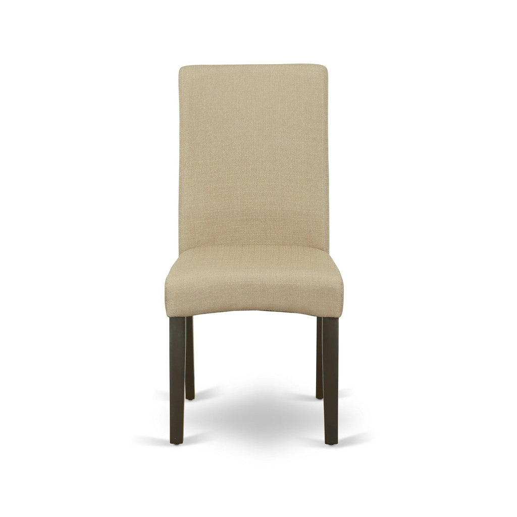 Juego de comedor de 5 piezas East West Furniture HLDR5-CAP-03. Incluye una mesa de comedor redonda con pedestal y 4 sillas Parson tapizadas en tela de lino marrón.