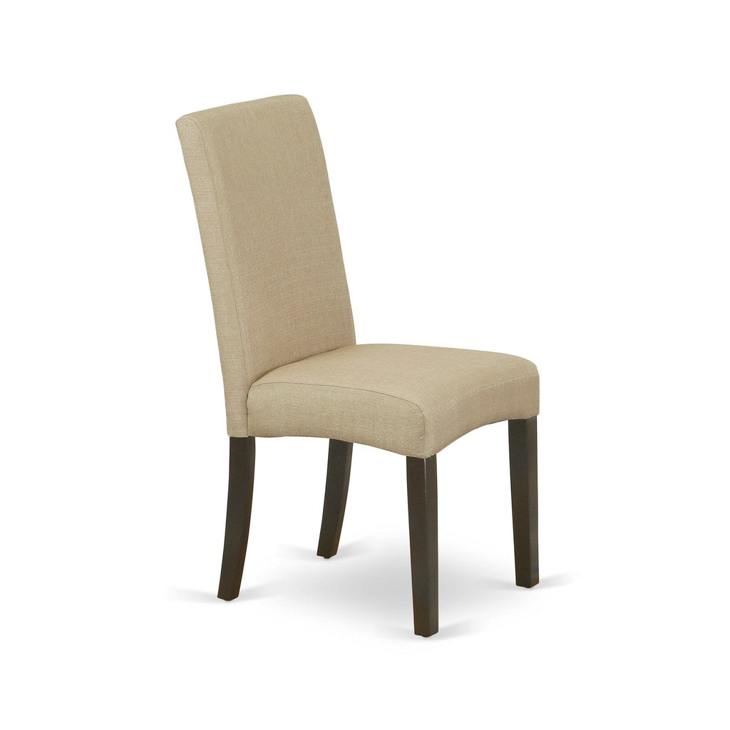 Juego de comedor de 5 piezas East West Furniture HLDR5-CAP-03. Incluye una mesa de comedor redonda con pedestal y 4 sillas Parson tapizadas en tela de lino marrón.