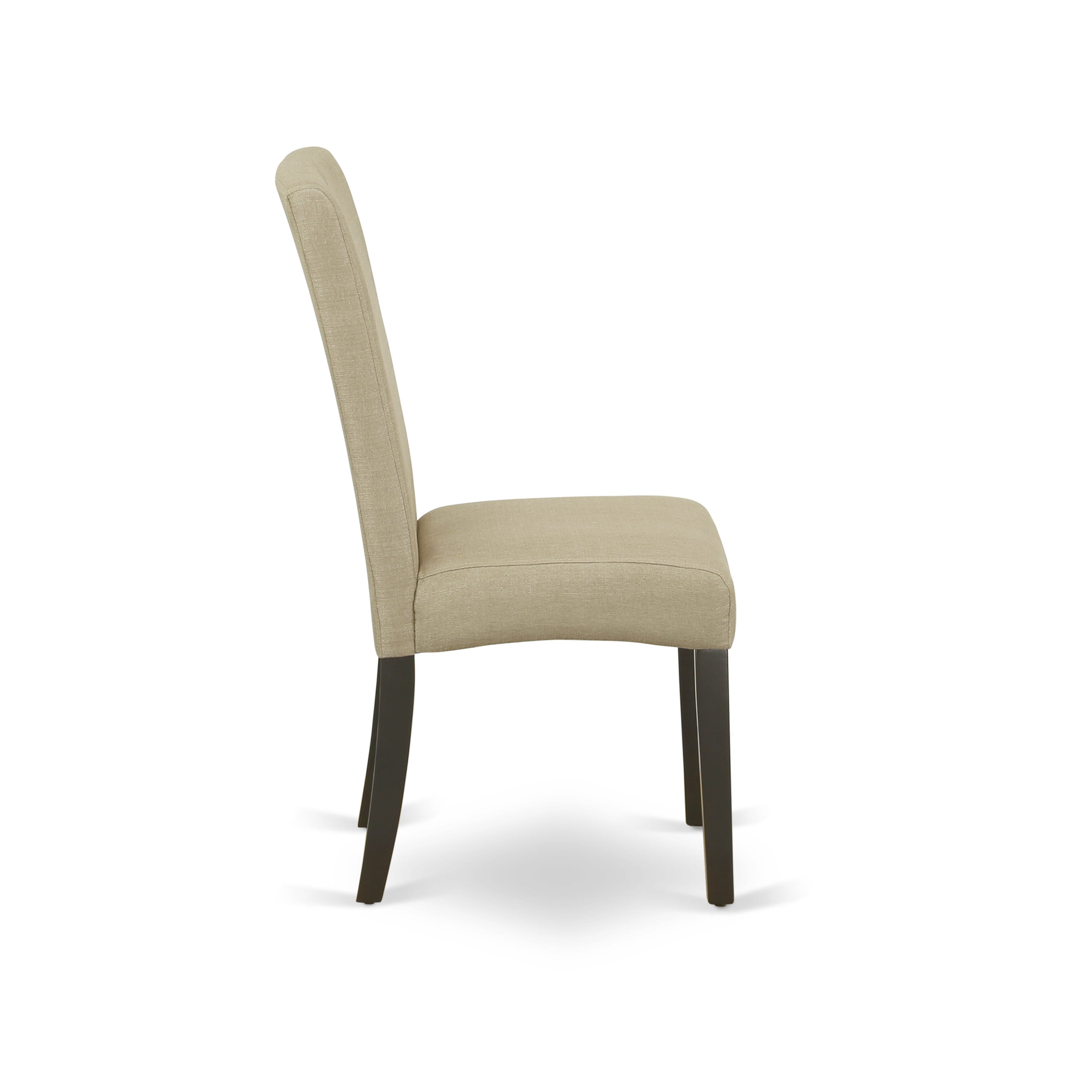 Juego de mesa de comedor de 3 piezas ANDR3-CAP-03 de East West Furniture. Incluye una mesa de cocina redonda con pedestal y dos sillas de comedor Parsons de tela de lino marrón.