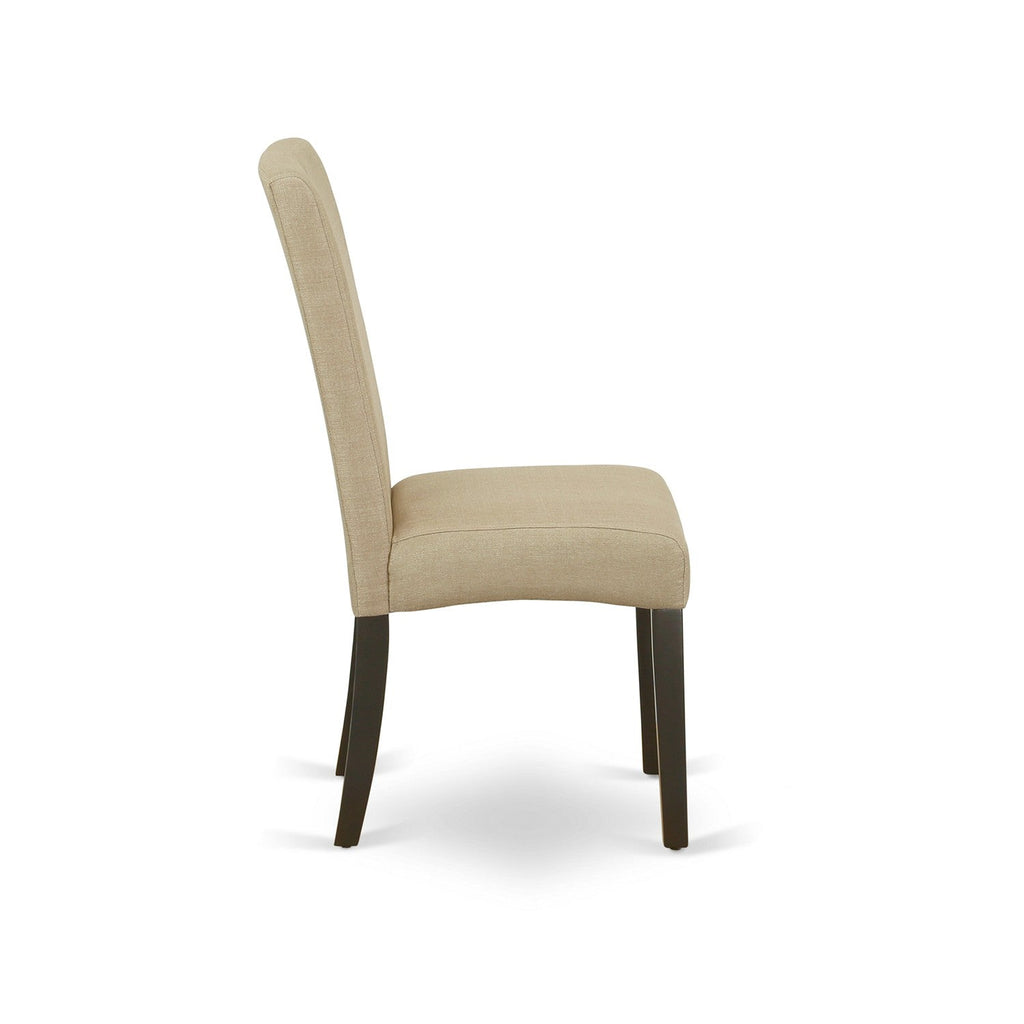 Juego de mesa de comedor de 3 piezas HLDR3-CAP-03 de East West Furniture. Contiene una mesa de comedor redonda con pedestal y 2 sillas Parson tapizadas en tela de lino marrón.