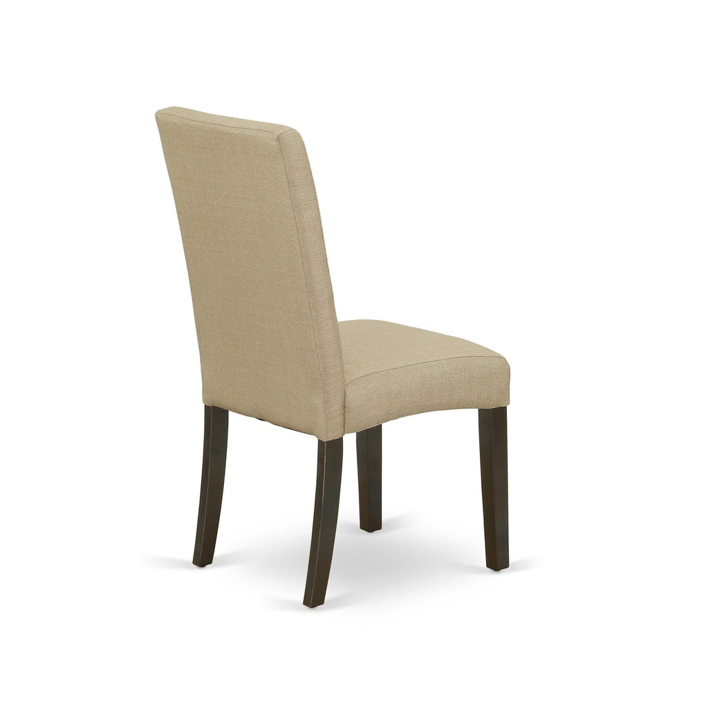 Juego de comedor de 5 piezas East West Furniture HLDR5-CAP-03. Incluye una mesa de comedor redonda con pedestal y 4 sillas Parson tapizadas en tela de lino marrón.