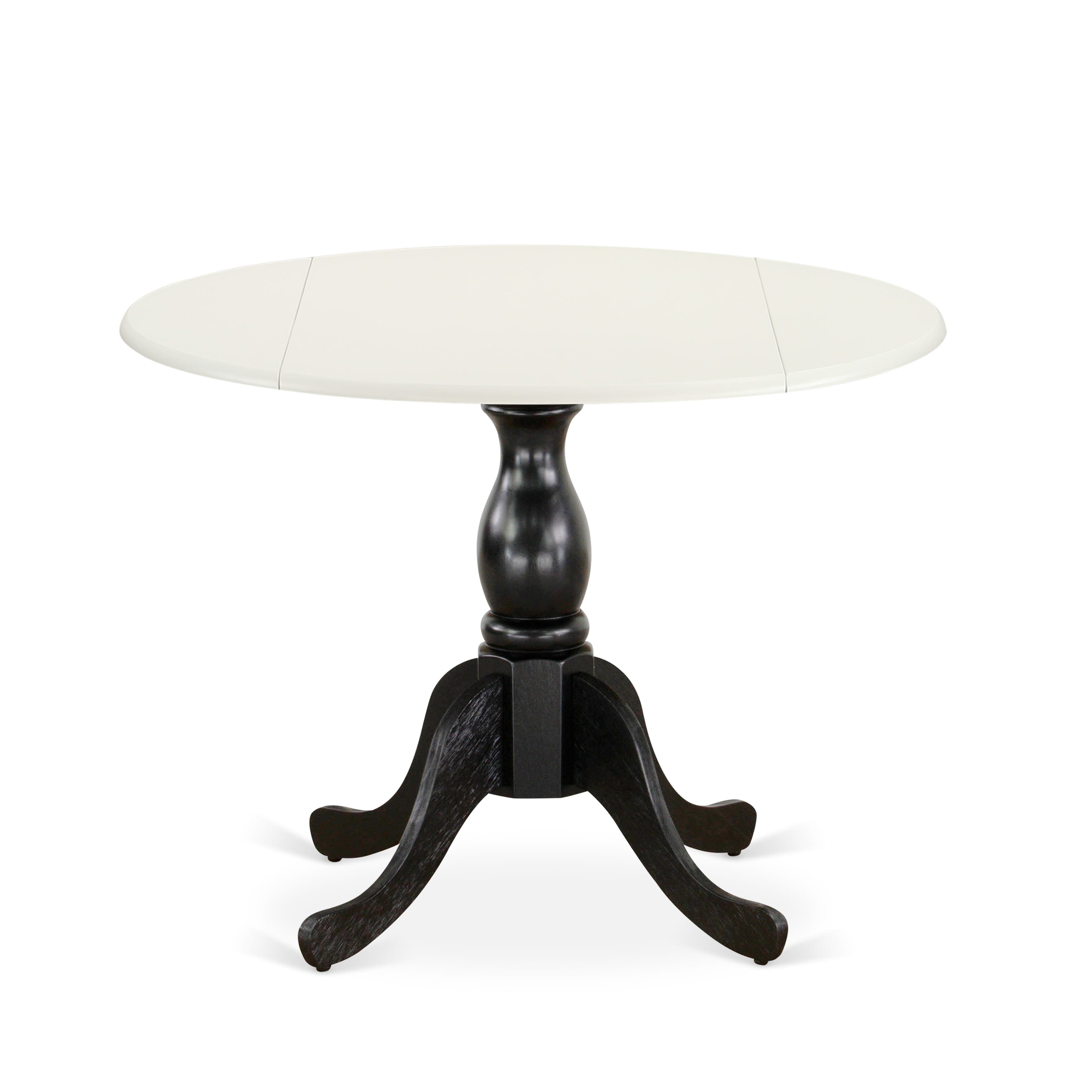 EAST WEST FURNITURE - DST-LBK-TP - Round Kitchen Table with Drop Leaves - linen white Table Top and Black Pedestal Leg Finish