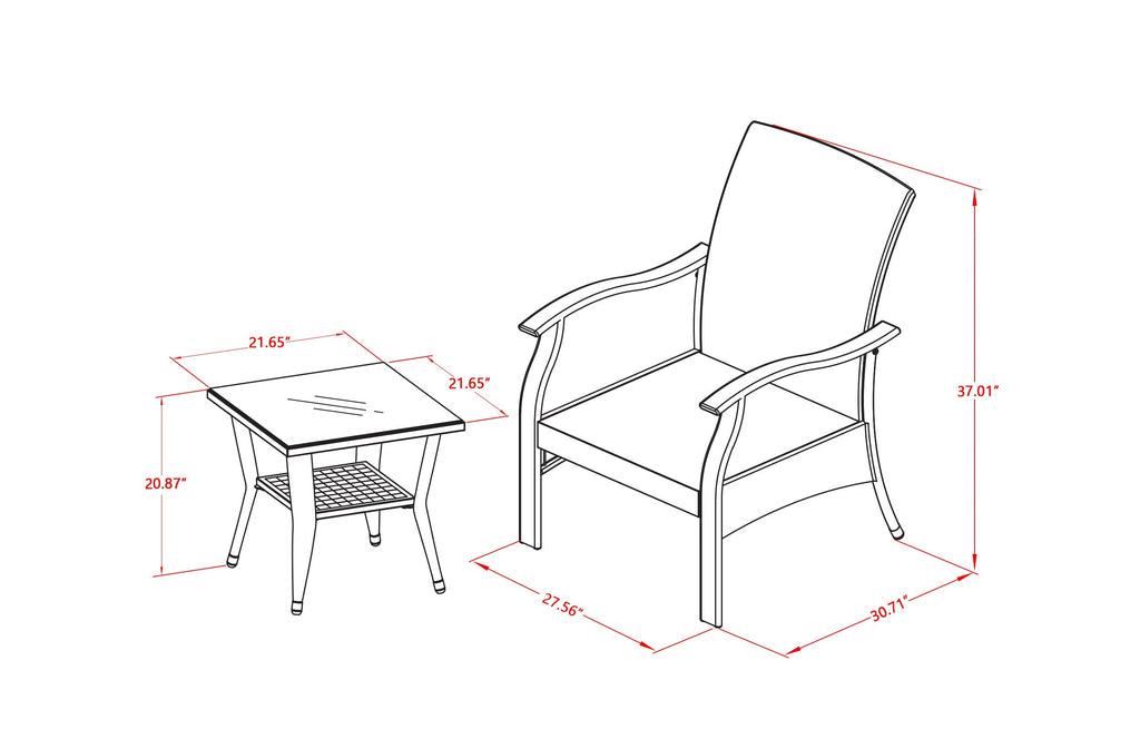 East West Furniture DTL3C01B 3 Piece Patio Furniture Sets Outdoor Wicker Set Contains a Rectangle Wicker Tea Table with Glass Top and 2 Balcony Armchair with Cushion, Small, Black