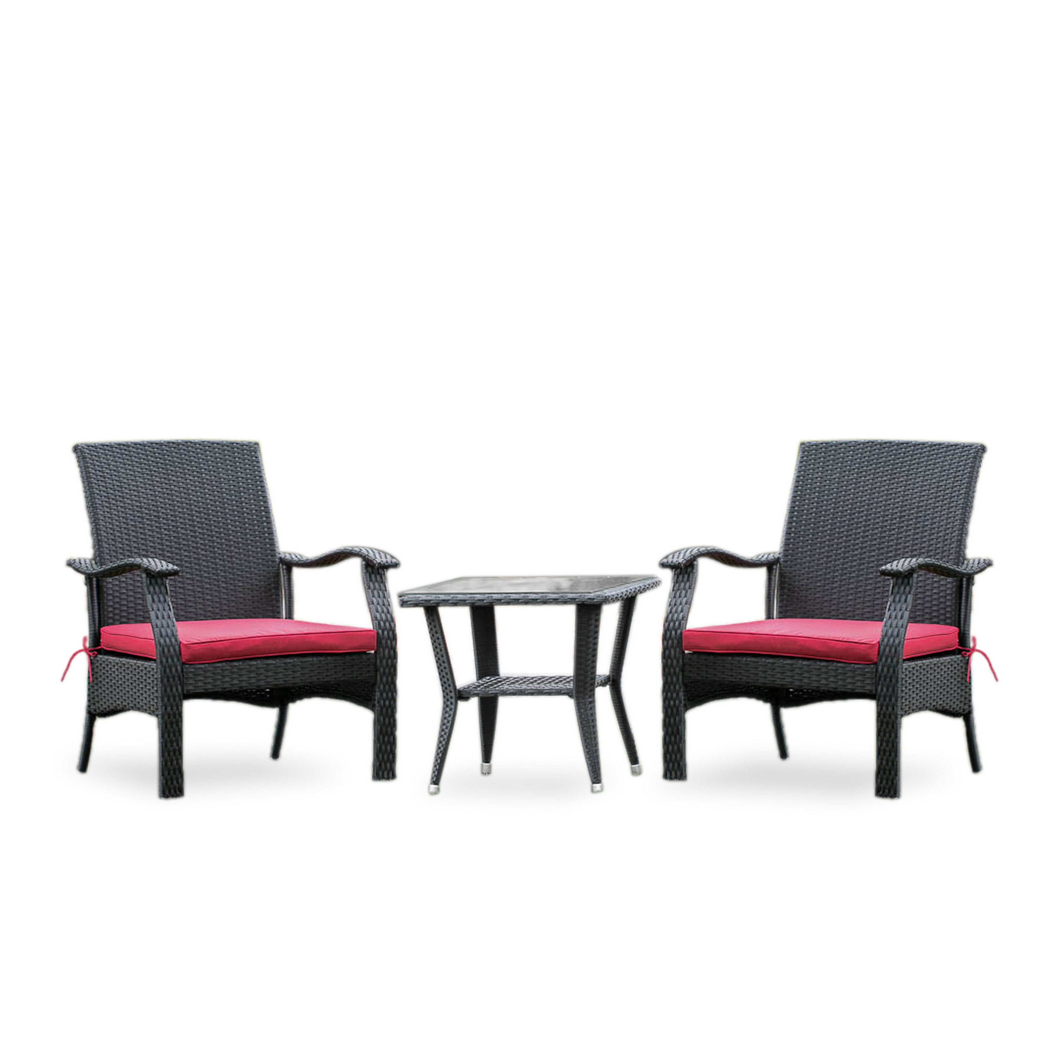 East West Furniture DTL3C01B Juego de muebles de patio de 3 piezas Juego de mimbre para exterior Contiene una mesa de té de mimbre rectangular con tapa de vidrio y 2 sillones de balcón con cojín