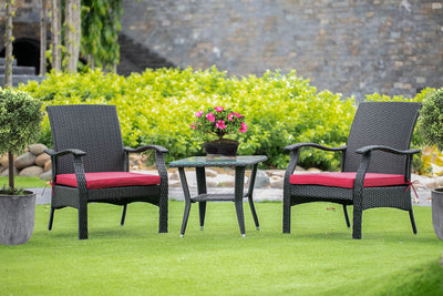 DTL3C01B 3Pc Outdoor-Furniture Black Wicker Dining Set Includes a Patio Tea Table and 2 Balcony Backyard Armchair with Linen Fabric Cushion, Small