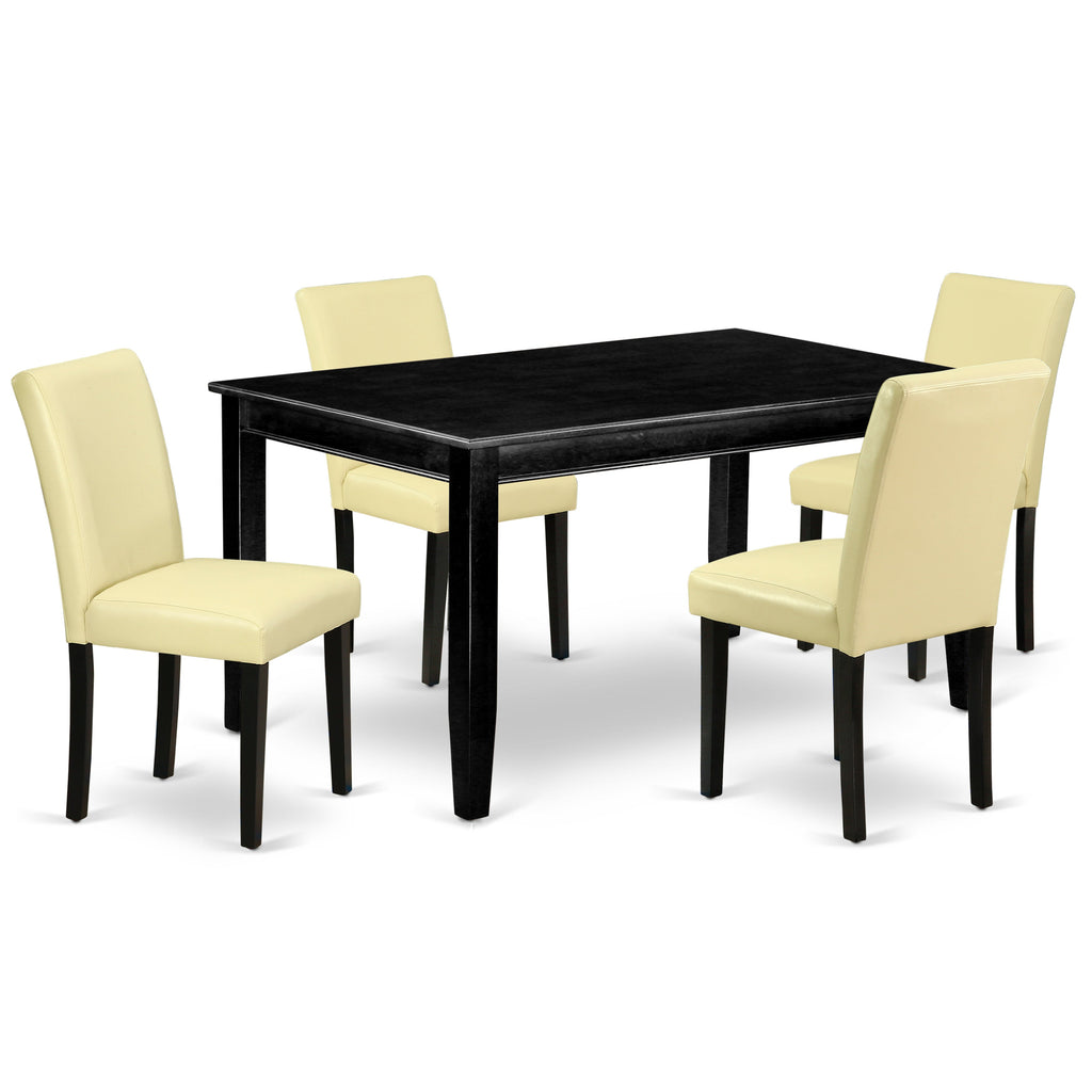 El juego de mesa de comedor de 5 piezas DUAB5-BLK-73 de East West Furniture incluye una mesa de cocina rectangular y 4 sillas de comedor Parson de cuero sintético color Eggnog.