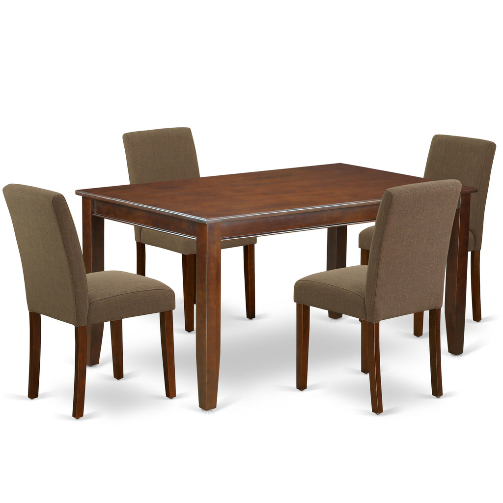 Juego de comedor de 5 piezas East West Furniture DUAB5-MAH-18. Incluye una mesa de comedor rectangular y 4 sillas tapizadas en tela de lino color café.