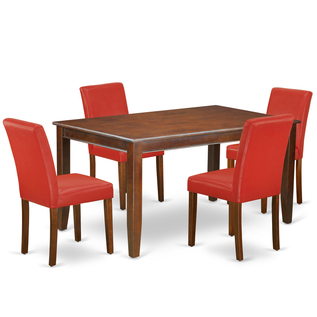 Juego de comedor de 5 piezas para 4 personas East West Furniture DUAB5-MAH-72. Incluye una mesa de comedor rectangular y 4 sillas de comedor Parson de cuero sintético rojo ladrillo refractario.