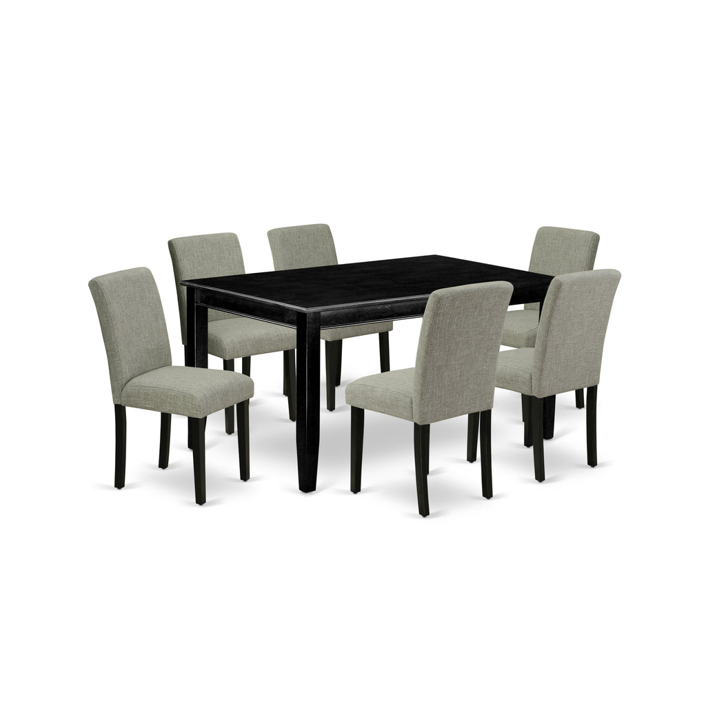 Juego de mesa de comedor de 7 piezas DUAB7-BLK-06 de East West Furniture: mesa de cocina rectangular y 6 sillas de comedor Parson de tela de lino Shitake.