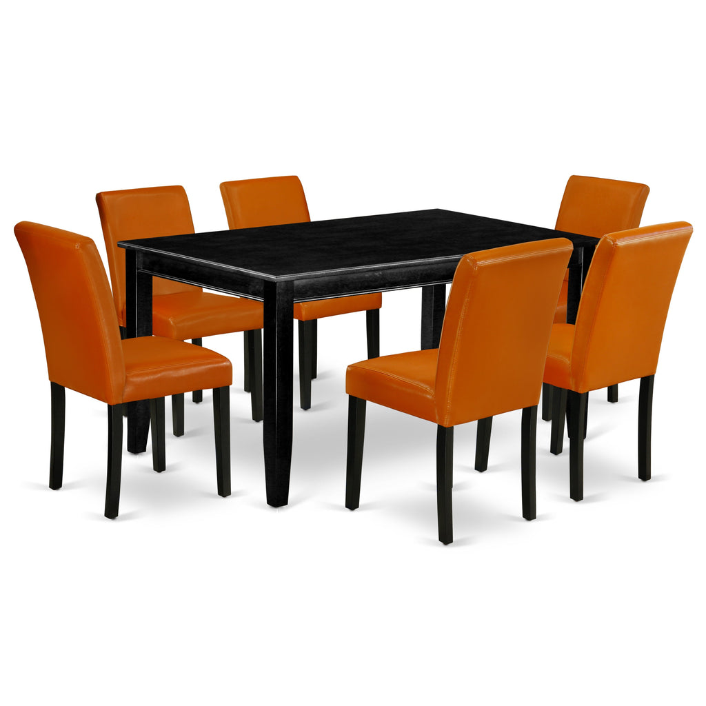 Juego de mesa y sillas de cocina de 7 piezas DUAB7-BLK-61 de East West Furniture. Incluye una mesa de comedor rectangular y 6 sillas de comedor Parson de cuero sintético Baked Bean.